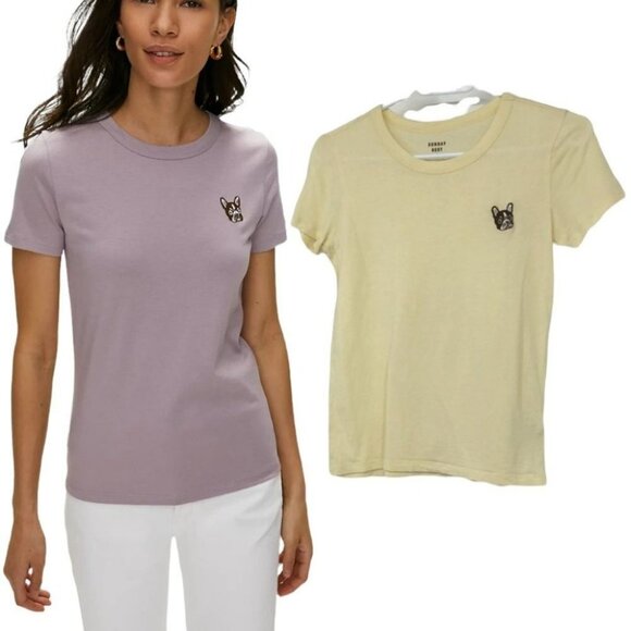 Aritzia Sunday Best Candy crewneck pastel yellow t-shirt Bulldog  patch - Picture 1 of 16